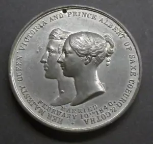 1842 Victoria & Albert matrimonio/principe di Galles nato grande medaglione metallo bianco - Foto 1 di 6