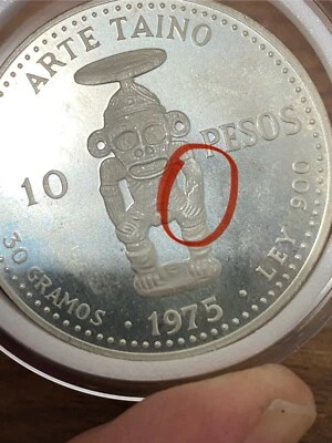 1975 Dominican Republic Silver 10 Pesos Taino Art Proof with Die Crack Left Hand - Image 1 of 4