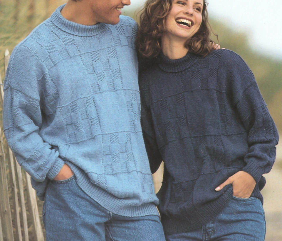 Mens + Ladies Cosy DK Roll Neck Sweater Patchwork Design Knitting Pattern - Image 1 of 1