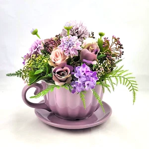 Flower Arrangement - Large Ceramic Teacup & Saucer with Purple Silk Flowers - Picture 1 of 8