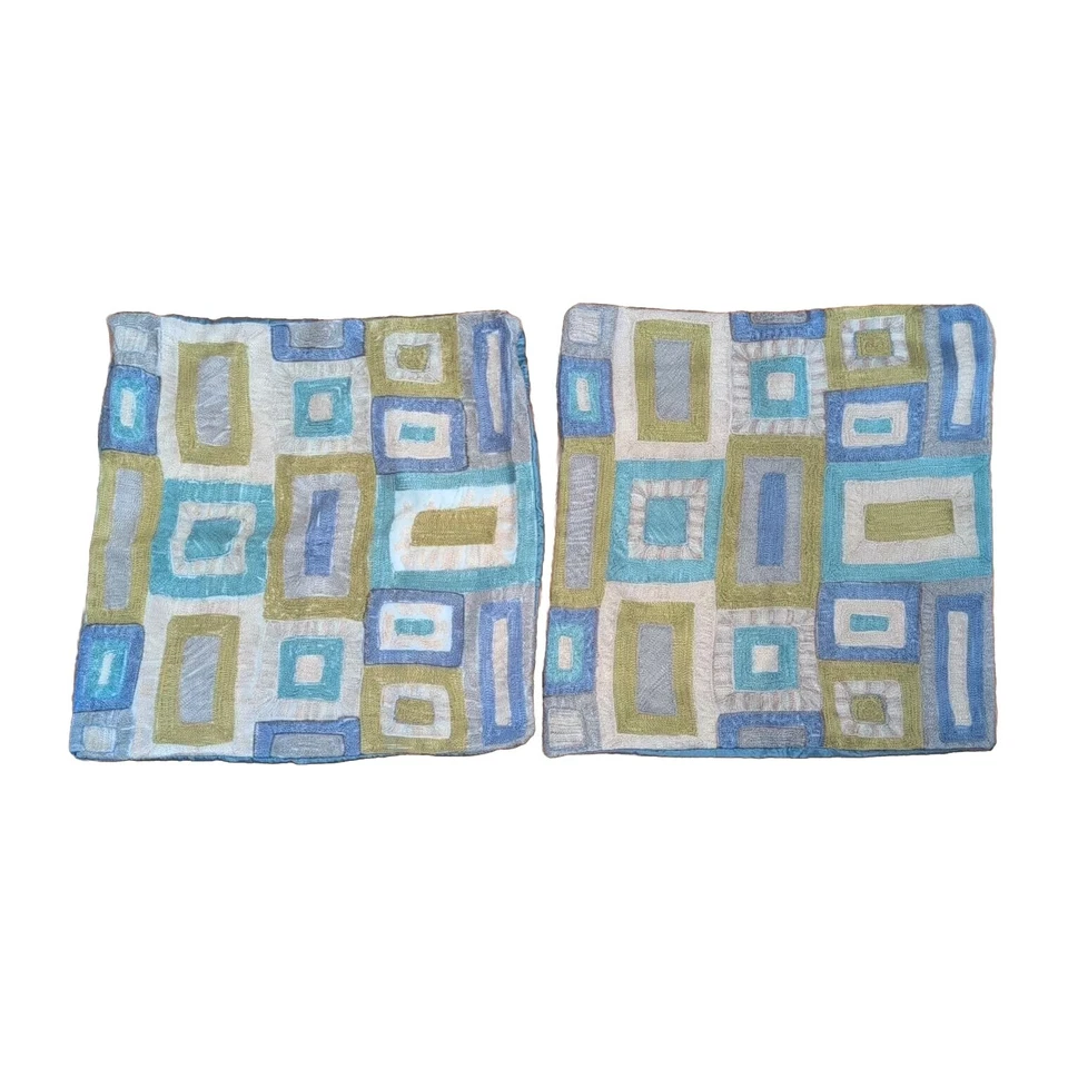 2 Pier 1 Imports Throw Pillow Zip Covers Green Blue Purple Geometric Pattern   - Image 1 of 4