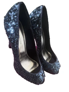 Jessica Paster 8.5M Navy Sequin Peep Toe Heels – Sparkle & Sophistication! - Picture 1 of 12
