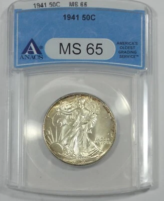 1941 年 Walking Liberty 半美元认证 ANACS MS 65 银 50c — 第 1/4 张图片