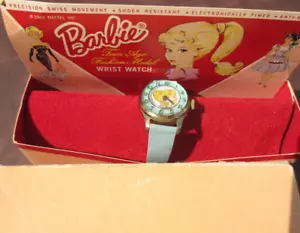 Vintage Barbie Fashion Watch Turquoise Blue Leather Rare Mattel Box 1964 Swirl - Afbeelding 1 van 24