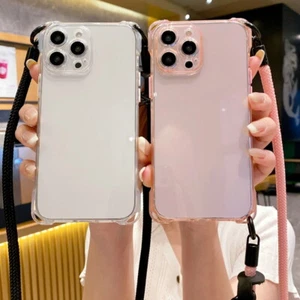 For iPhone 17 16 Pro Max 15 14 13 12 Crossbody Lanyard Clear TPU Soft Case Cover - Picture 1 of 17