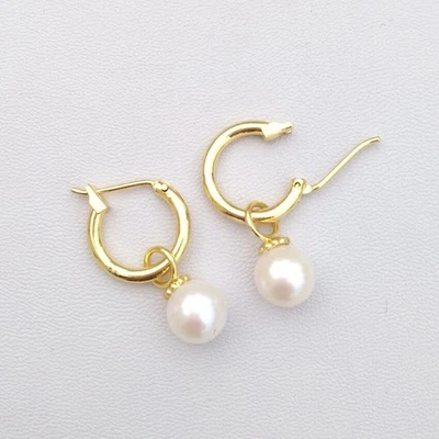 7-8mm natural akoya white AAA+ round pearl earrings 14k Yellow Gold P Lever Back - Image 1 of 4