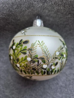 Hand Blown Glass Christmas Ornament White W/Hand Painted Green/Silver Design 4" - Image 1 of 3