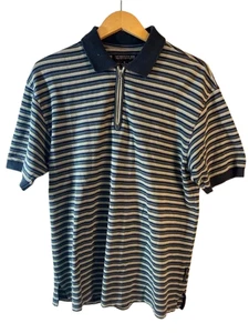 Structure Mens Polo Shirt Size M Blue White Striped Short Sleeve Zip Collar Cot - Picture 1 of 6