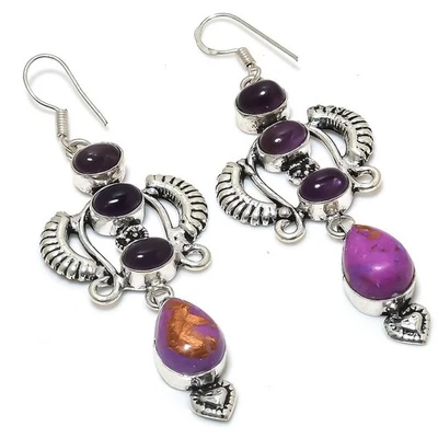 Copper Purple Turquoise, Amethyst Gemstone 925 Sterling Silver Earring 2.80 " D3 - Image 1 of 4