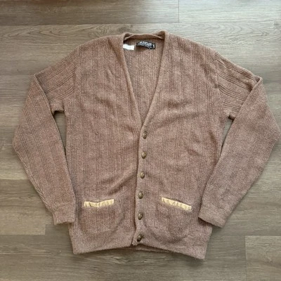 Vtg PURITAN Wool Blend Grandpa Cardigan Leather Trim Pockets Mauve Large - Image 1 of 4