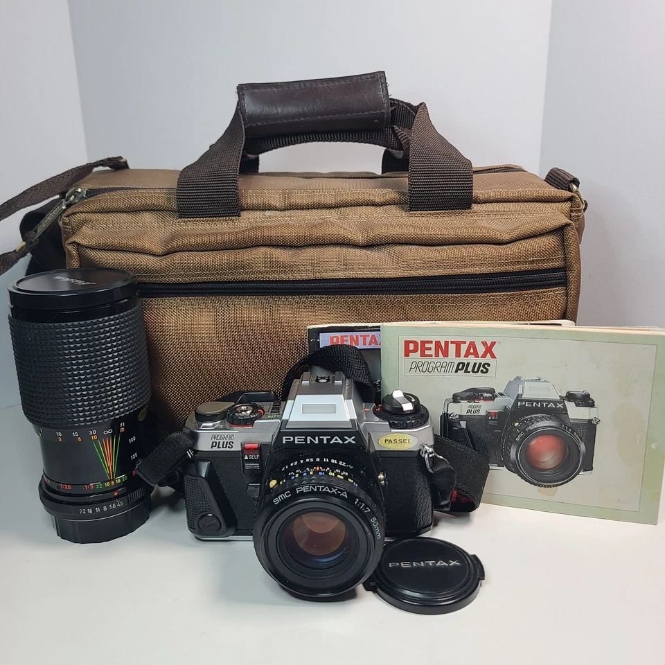 Pentax Program Plus film camera w 50mm f1.7 & Mitakon 80-200mm f4.5 Manuals-Bag - Image 1 of 4