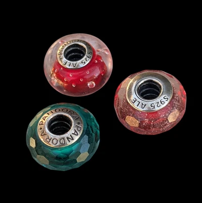 Lot of 3 925 Pandora Authentic Red & Green Faceted and Bubbles Glass Charms - Image 1 of 4