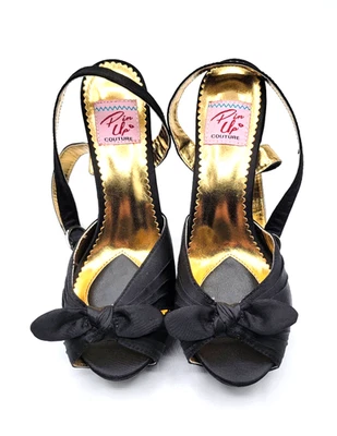 PIN UP COUTURE HEELS PUMPS Bettie 04 women ankle strap black gold heart bow 7/8 - Image 1 of 4