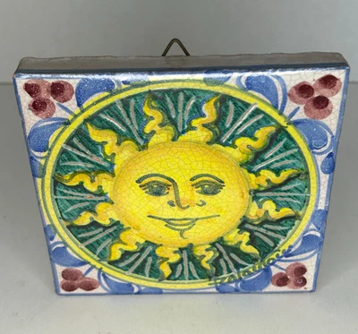 Fratantoni for Vietri Made in Italy Wall Hanging Sun Face Square 5x5 Tile Signed - Image 1 of 4