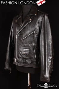 BRANDO FRANGES Noir Pour Hommes Moto Motard Cruiser Veste En Cuir De Vachette - Picture 1 of 13