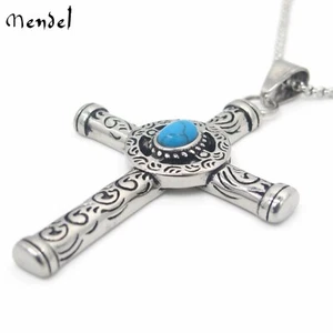 MENDEL Mens Celtic Norse Turquoise Cross Stainless Steel Necklace Gothic Pendant - Picture 1 of 5