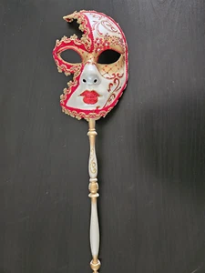 Venetian Carnival Masquerade Mask with Handle Hand Painted In Italy - Picture 1 of 5