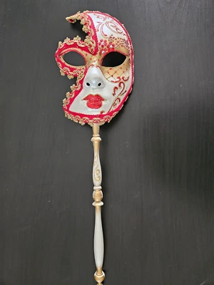 Venetian Carnival Masquerade Mask with Handle Hand Painted In Italy - Image 1 of 4