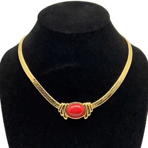 Collar Trifari imitación sangre de buey coral tono dorado llamativo cadena espiga 17 pulgadas - Imagen 1 de 14