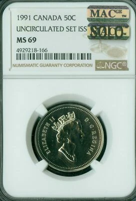 1991 CANADA 50 CENTS NGC MS69 PQ MAC FINEST GRADED MAC SPOTLESS * - Image 1 of 2