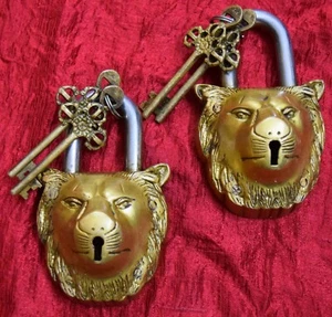Brass Lion Padlock Set Of 02 Locks With 02 Keys Each Wildcat Face Bolt Lock RU60 - Picture 1 of 7