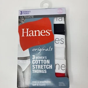 NWT HANES Womens 3 Pk Ultimate Stretch Cotton Thong Panty - Red,White,Black - 6M - Picture 1 of 12