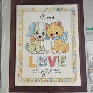 80's CM Cat Puppy Crewel Kit Baby Love Birth Sampler #7423 Gingham Morehead - Picture 1 of 3