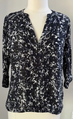 Joie Marru V-neck Navy Multi 100% Silk Blouse V-Neck  Pin-tuck Size M - Image 1 of 4