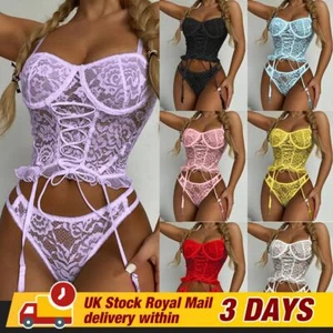 Women Sexy Lingerie Lace Set Corset Bra Thong Garter Belt Nightwear Underwear - Picture 1 of 15