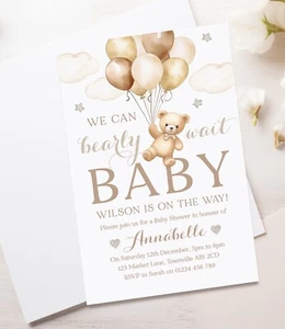 10 PERSONALISED BABY SHOWER INVITATIONS - TEDDY BEAR NEUTRAL BEIGE BOY GIRL - Picture 1 of 3