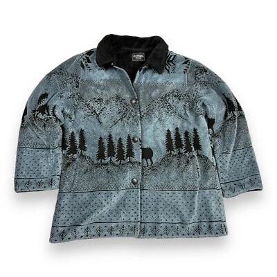 Vtg Outbrook Women’s Blue Plush Fleece Coat Elk Mountain Forest Western Button L - Image 1 of 4