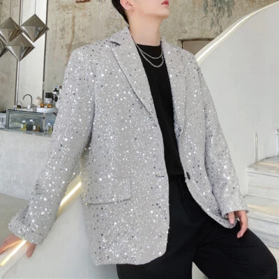Men Glitter Sequin Dress Jacket Casual Spring Coat Party Prom Tops Stage Coat - Image 1 of 4