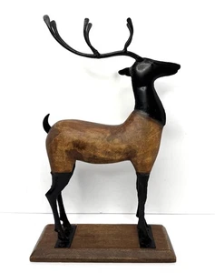 Stag figurine primitive art wood and metal Deer 14.5" x 9 - Picture 1 of 24