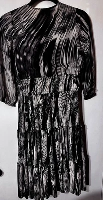 Byron Lars Pleated Dress Black/Ivory  2 Button Front 3/4 Sleeves Pleated Waist  - Image 1 of 4