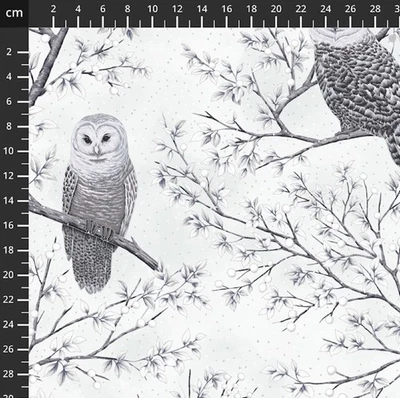 Fat Quarter Hoffman Midnight Perch Owl Hoot Tree Leaves Berries Metallic Fabric - Image 1 of 4