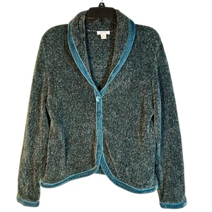 Christopher Banks XL Chenille Cardigan Sweater Velvet Trim Teal Green Holiday - Picture 1 of 12