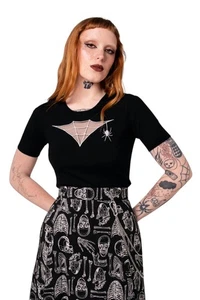 Hell Bunny Cobweb Top - Gothic Spider Web Mesh Black T-Shirt Punk Rock Tee - Picture 1 of 10