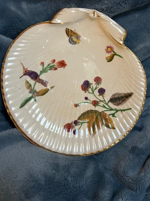 Plato de crema antiguo Nautilus perla pájaros flores insectos #8 forma de caparazón Foto 1 de 4