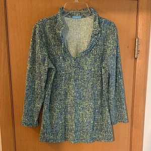 J. McLaughlin Women’s Geometric Plaid Print Ruffle Neck Shirt Top Blue Medium - Picture 1 of 9