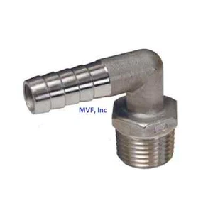 90° Hose Barb for 5/16" ID Hose X 1/4" MNPT Hex Brewing 316SS HB-05-04MP90 - Picture 1 of 5