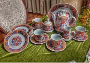 Vintage Japanese Orange And Blue Imari Style Tea Set - Picture 1 of 10