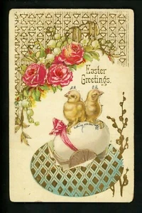 Easter Postcard 186 Chicks On In Egg Pink Flowers Vintage - Picture 1 of 2