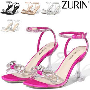 ZURIN Women Ankle Strap Heeled Sandals Rhinestone Bow Open Toe Wedding Pump Shoe - Picture 1 of 77