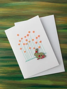 Original Handmade Greeting Card Rabbit in Garden, Happy Orange Flowers Unique - Picture 1 of 4