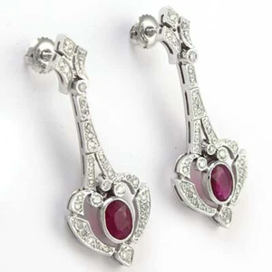 European Style 14k Solid White Gold Genuine Diamond & Ruby Drop Earrings - Picture 1 of 3