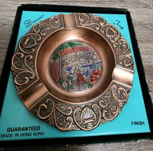 Vintage Cast Metal Hawaii Souvenir Ashtray Hula Dancer Volcano Hibiscus Palmtree - Picture 1 of 3