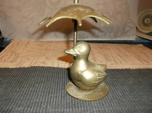 Vintage BRASS FIGURINE Animal DUCK HOLDING UMBRELLA/No Markers Mark/CUTE!! - Picture 1 of 6