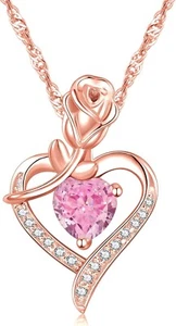 Heart Necklace Pendant Chain Rose Cubic Zirconia Birthday Gifts Women Mom - Picture 1 of 14