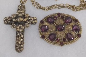 1920s Vintage Czech Purple Glass Flower Brass Cross Pendant Pin -No Chain - Picture 1 of 12