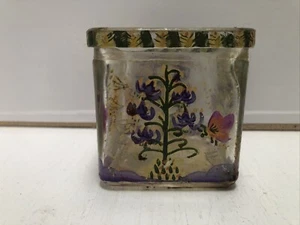 Portacandele in vetro 3”x3”x3” farfalla fiore viola dipinto a mano vintage anni 90 - Foto 1 di 4